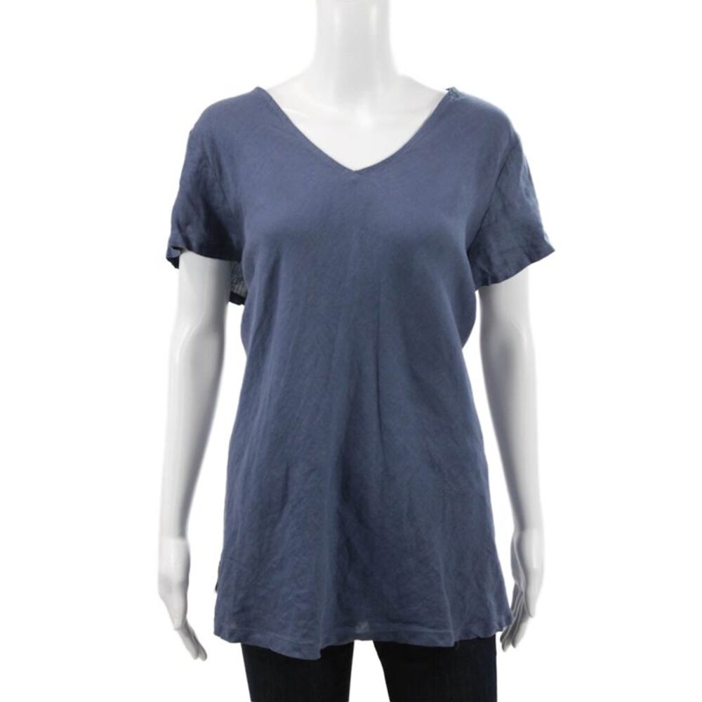 Match Point Women Tunic Linen V-Neck Short Sleeve Blue Solid Size S